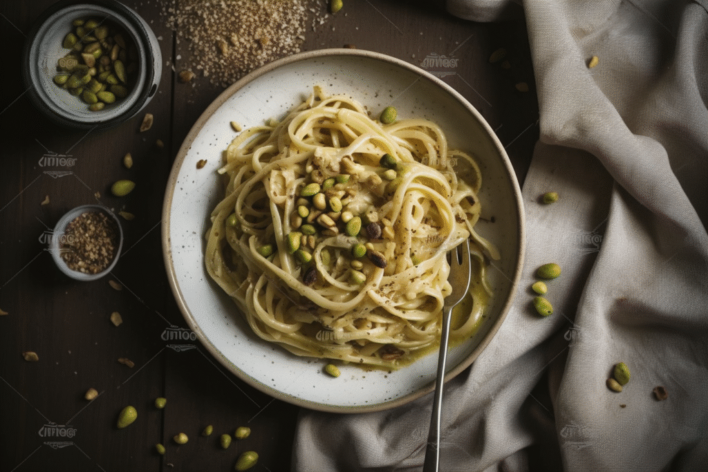 Creamy pistachio pasta in a ceramic bowl