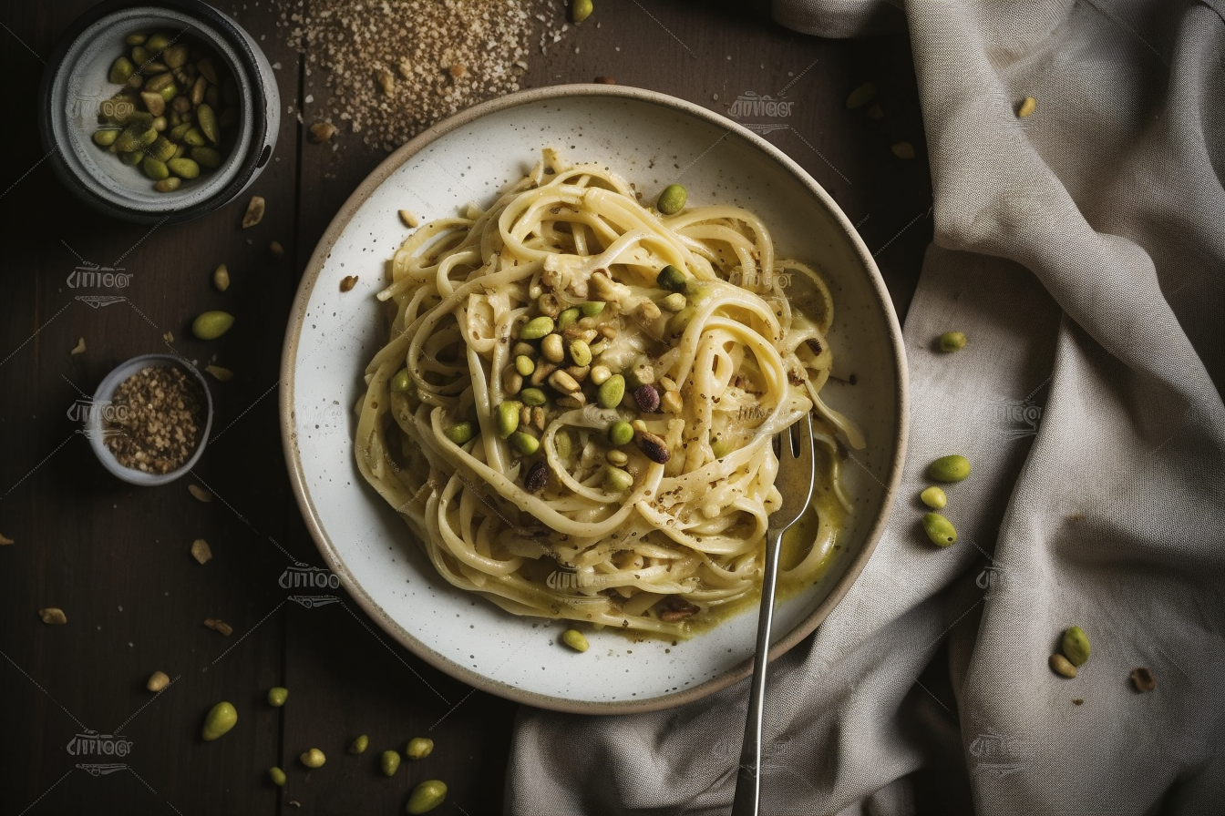 Creamy pistachio pasta in a ceramic bowl