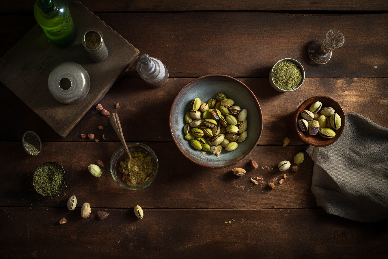 pistachio sauce in rustic bowl on kitchen table